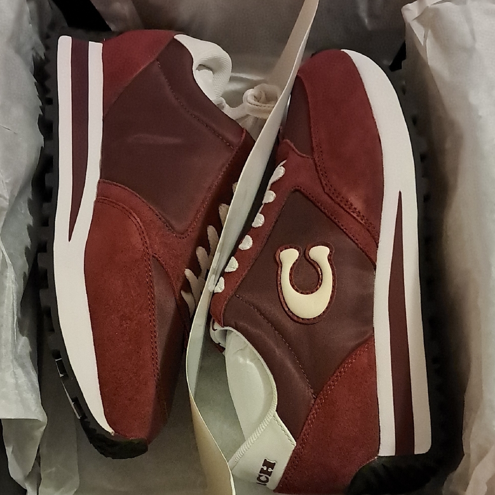 Women's Coach Burgundy and Cream Suede Sneakers - Picture 2 of 6